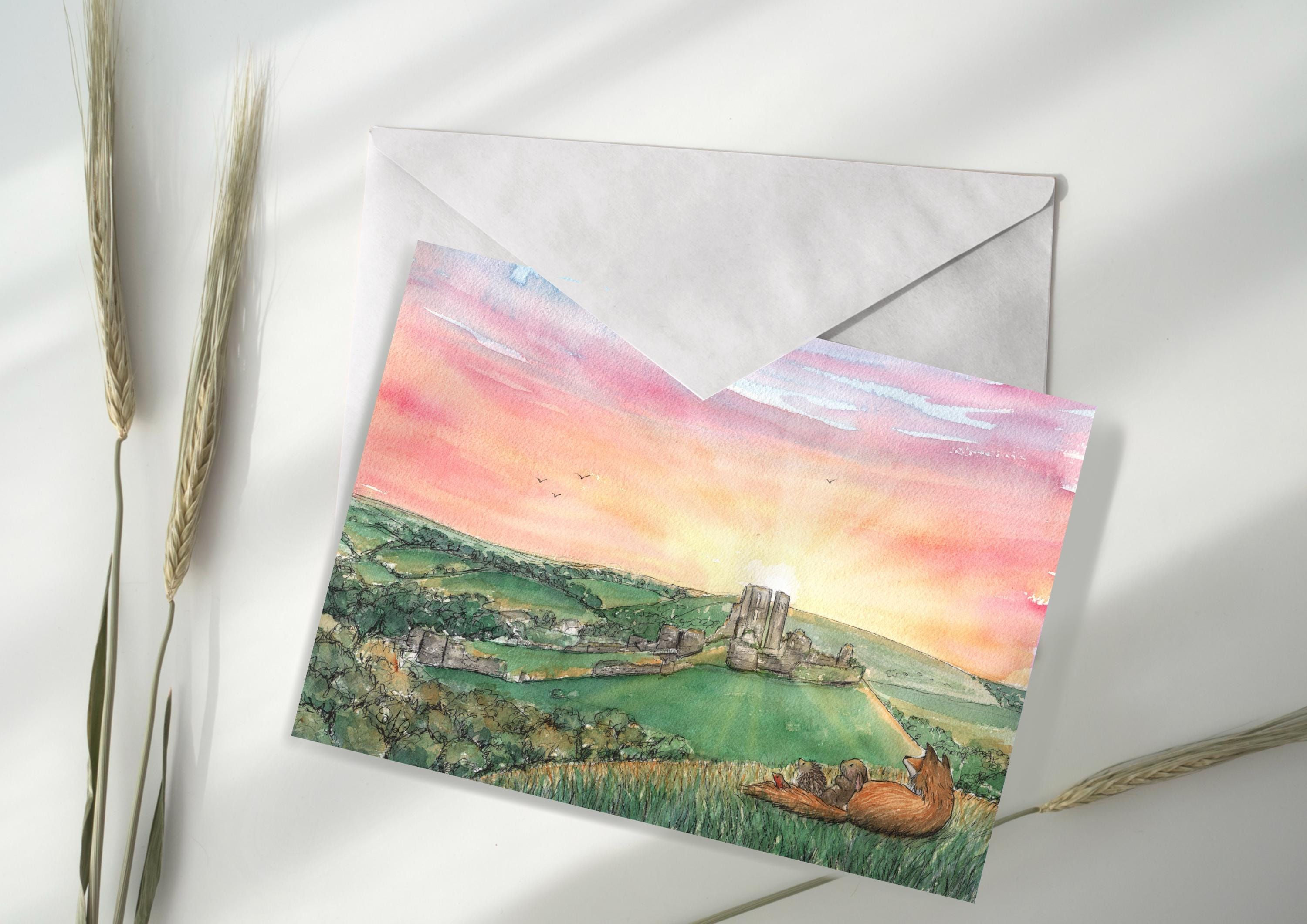 Sunset Over Corfe Castle Card