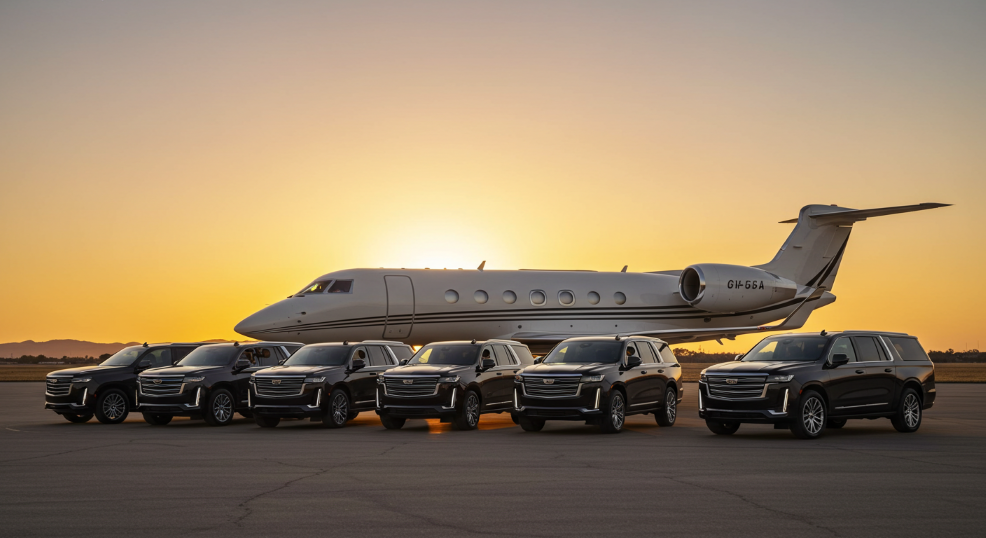 Private jet parked on runway during sunset, with a group of Cadillac Escalades ready for VIP departure.