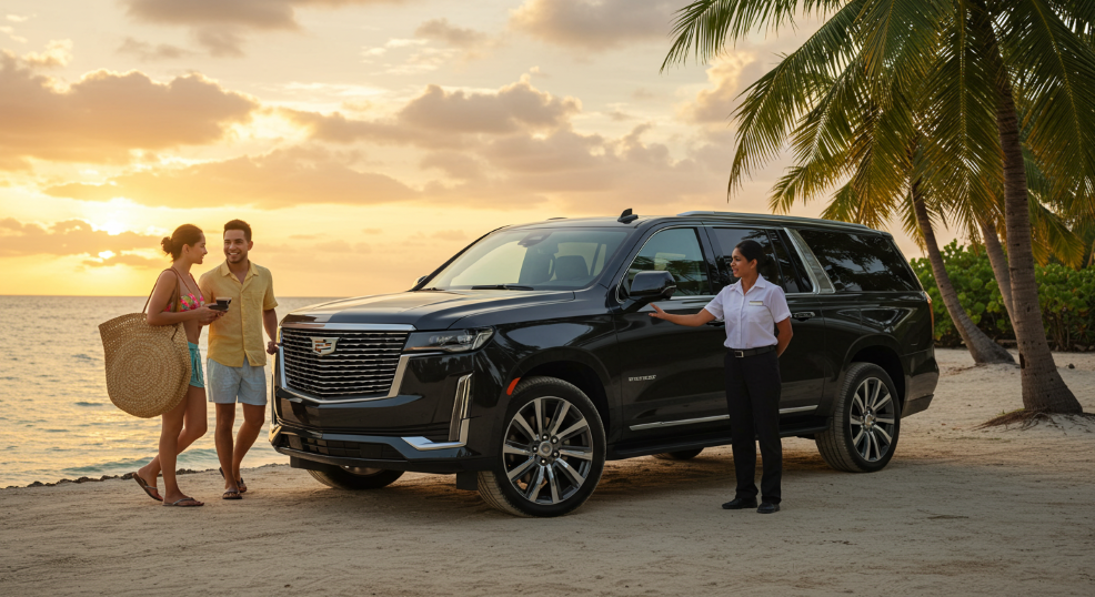 Luxury black Cadillac SUV ready for VIP pickup from their day trip to the beach.