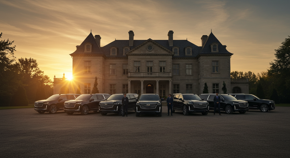 A group of Slade Service's Cadillac Escalades parked outside our VIP clients mansion at sunset.