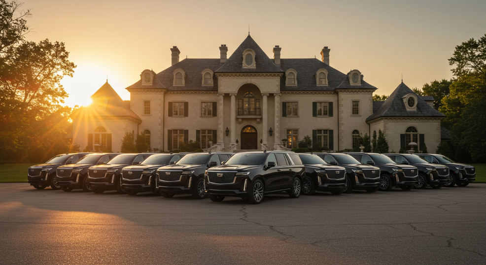 A group of Slade Service's Cadillac Escalades parked outside our VIP clients mansion at sunset.