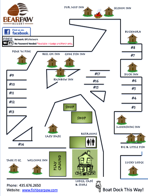 Panguitch Lake Map, Bear Paw Resort Map, Cabin Rentals, RV Park
