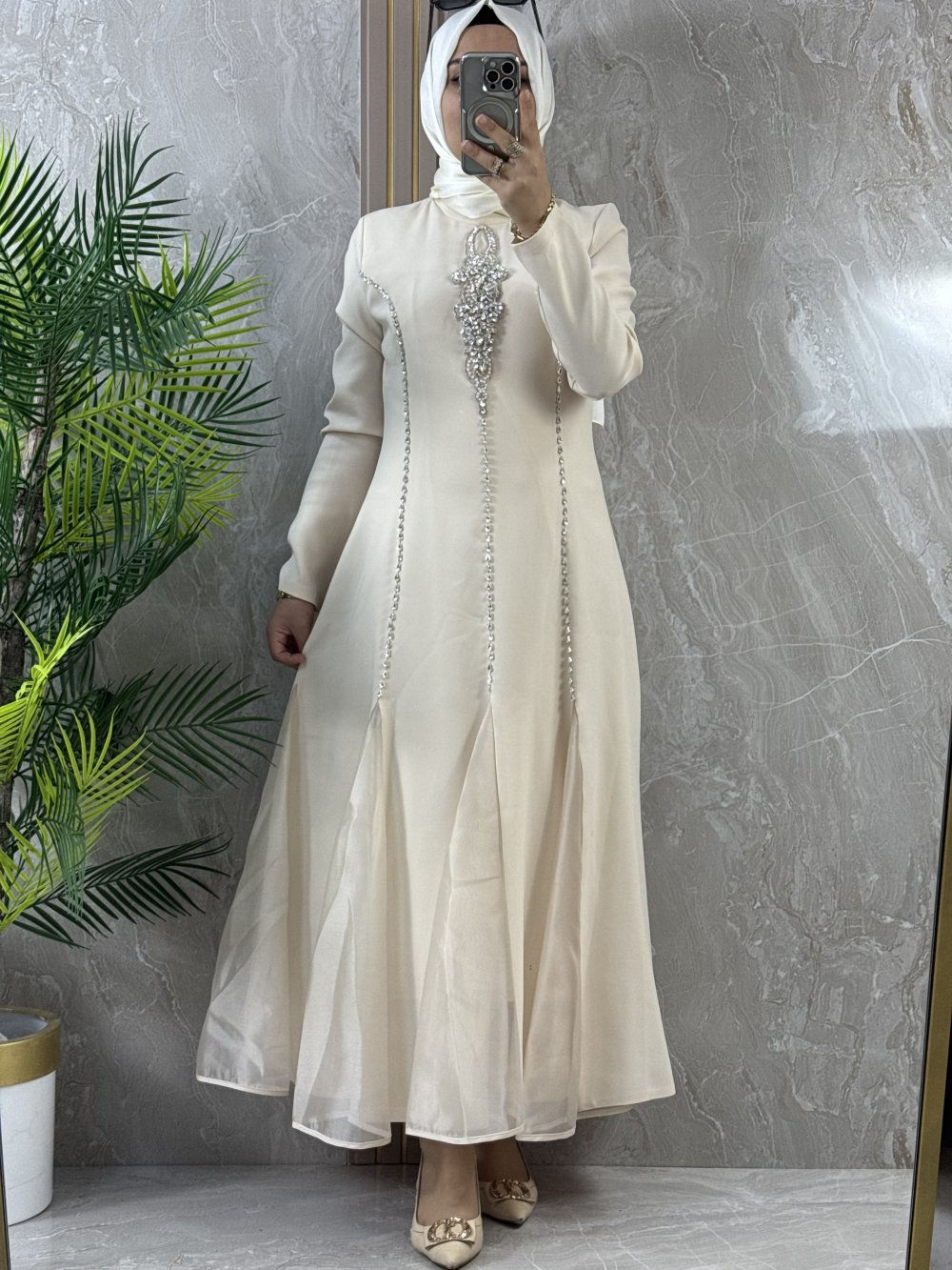 TAŞ İŞLEMELİ TASARIM ABİYE - Bej - 2897