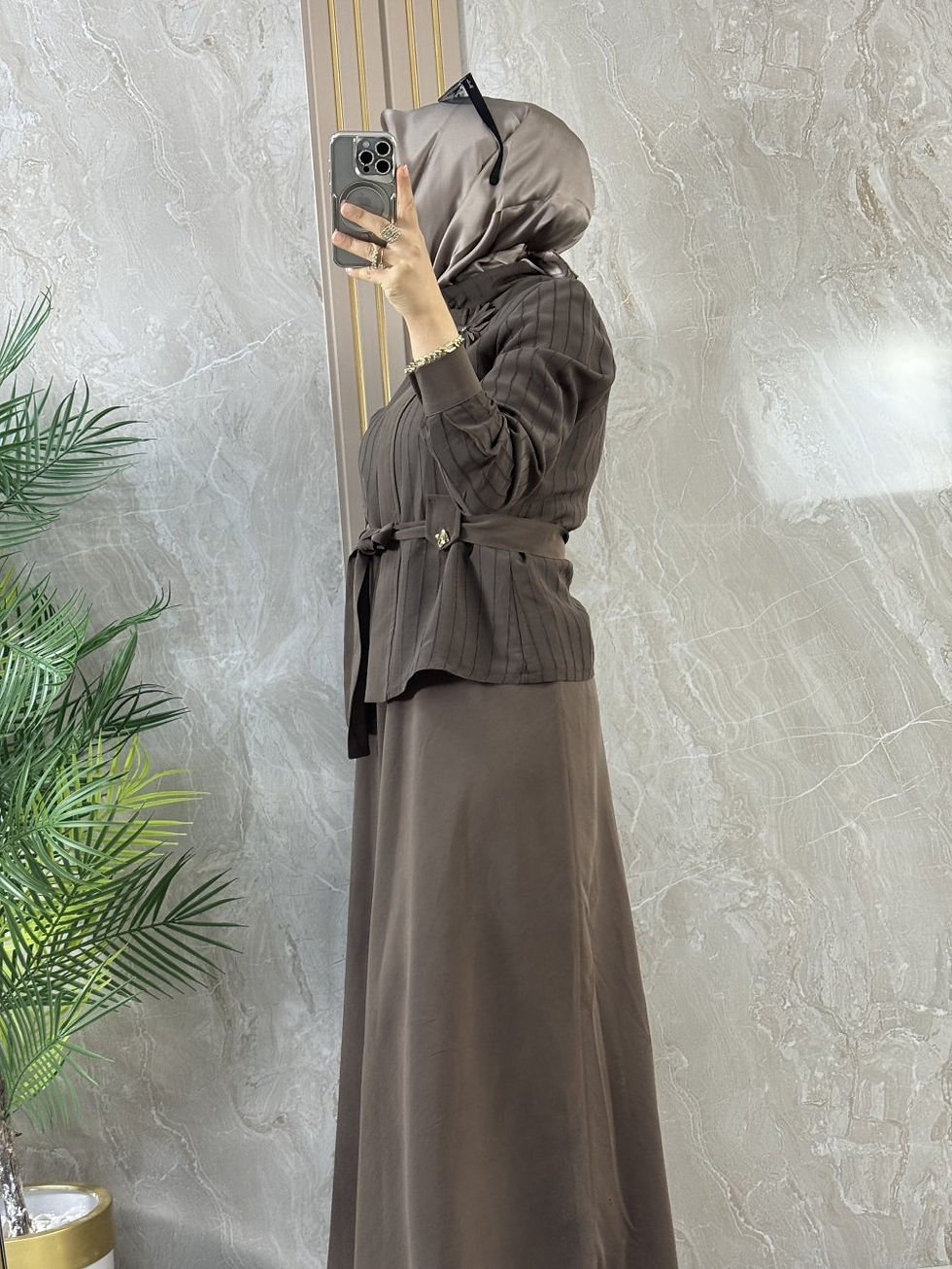 Miniature : CİZGİLİ ETEKLİ TAKIM - Kahverengi - 26509