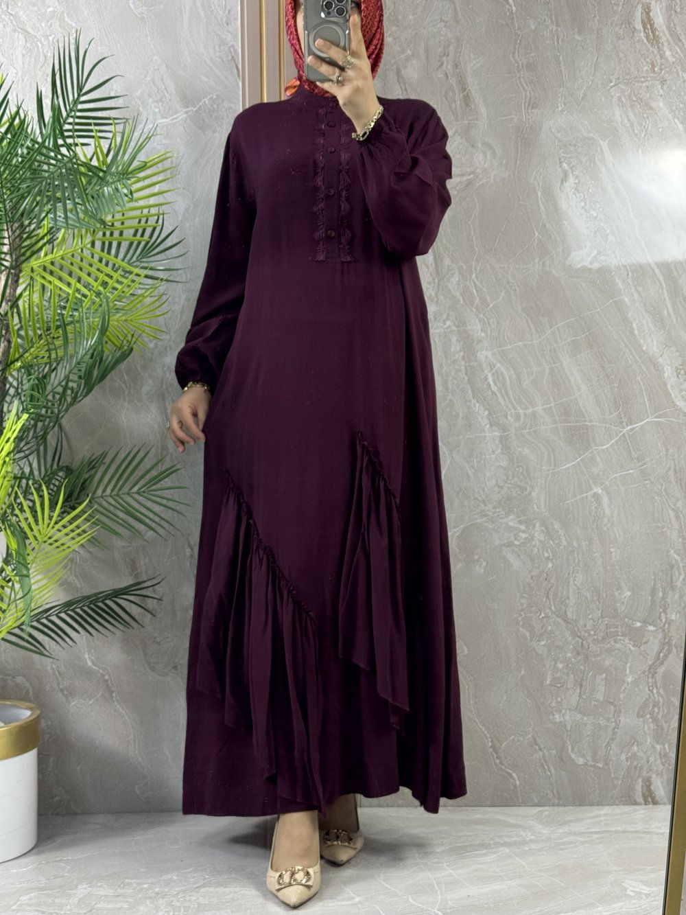 FIRFIR DETAYLI VİSKON ELBİSE - Bordo - 355