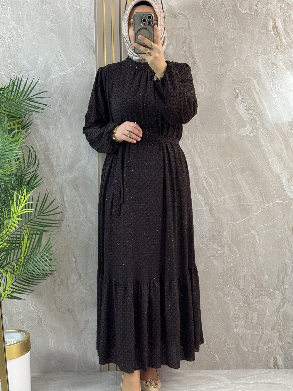 KADİFE YAKMALI TÜL ELBİSE ASTARLI - Acı Kahve - 1632