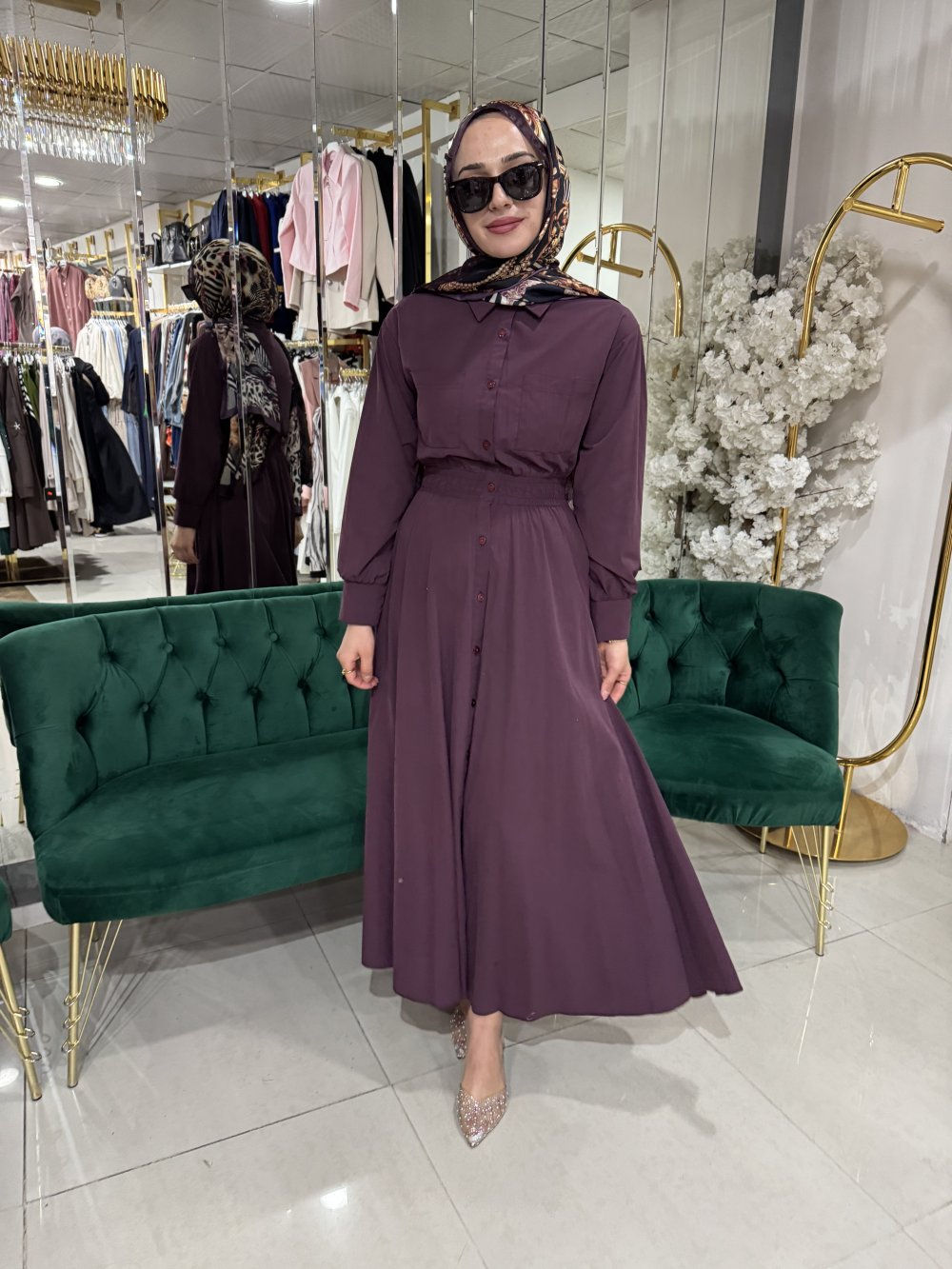 BELİ BÜZGÜLÜ CEP DETAYLI ELBİSE - Bordo - 20643