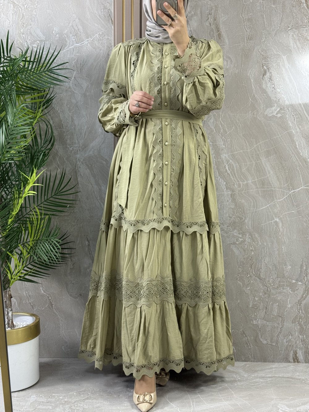 GÜPÜR DETAYLI TASARIM ELBİSE - Yeşil - 5702