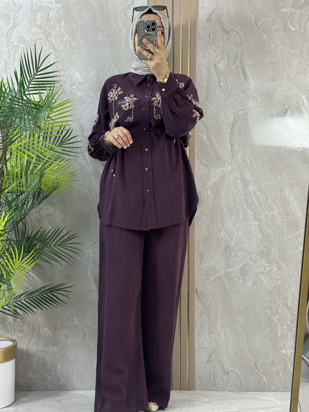 BONCUKLU ŞIK PANTOLONLU TAKIM - Bordo - 3532