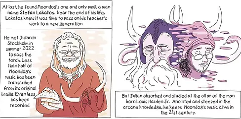 A comic strip excerpt depicting Stefan Lakatos passing his music onto Julian Calv.