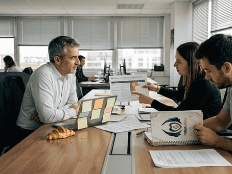 Dans son bureau, un chef d'entreprise échange avec son équipe sur les meilleures façons d’anticiper les risques et de sécuriser l’activité.