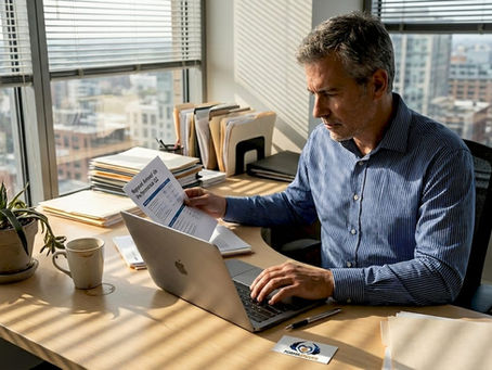 Un chef d’entreprise de PME concentré à son bureau, en train d’examiner un rapport.