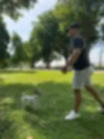 man playing with small dog in a shady park