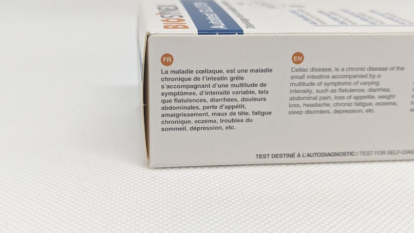 Première face latérale de la boîte Biosynex autotest Gluten