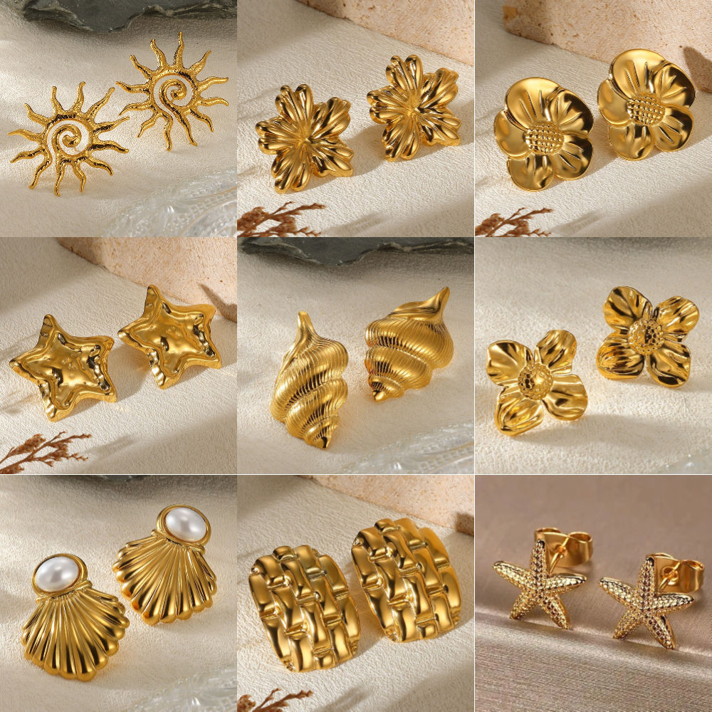 Geometric Flower Stainless Steel Earrings Women Sweet Sunflower Star Gold Color