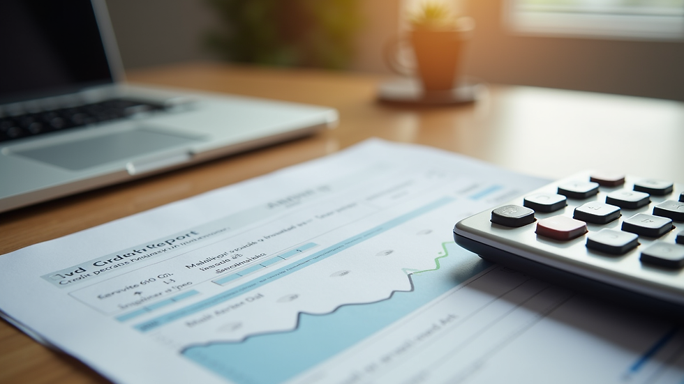 Eye-level view of a credit report and calculator on a wooden desk