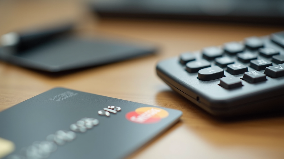 Close-up view of a credit card and calculator on a wooden desk