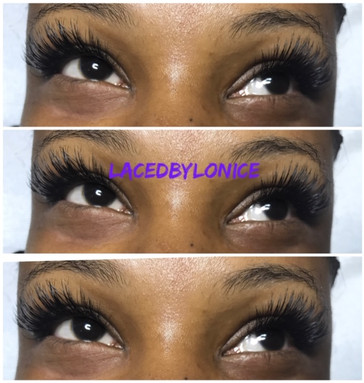 Close-up of three images showing before and after eyelash extensions by LacedByLonnie