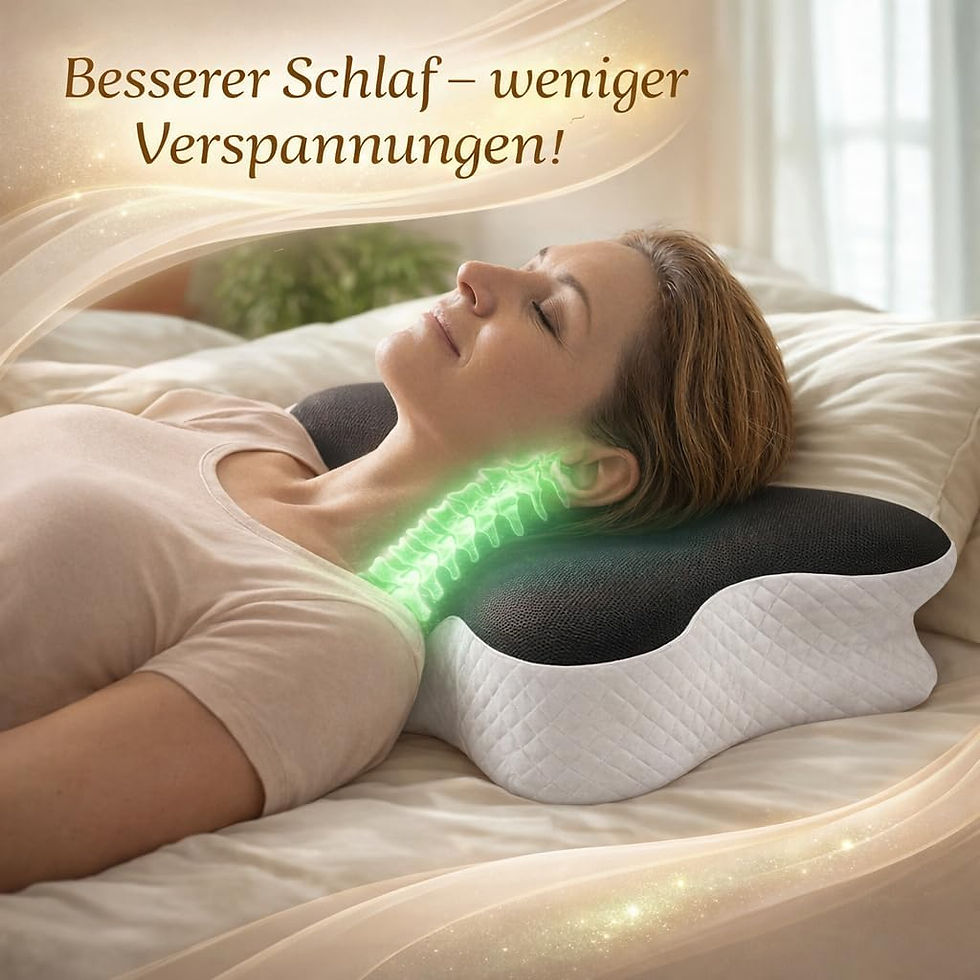 Miniaturbild: Frau schläft auf orthopädischem Kissen, Nacken gestützt. Text: Besserer Schlaf - weniger Verspannungen!