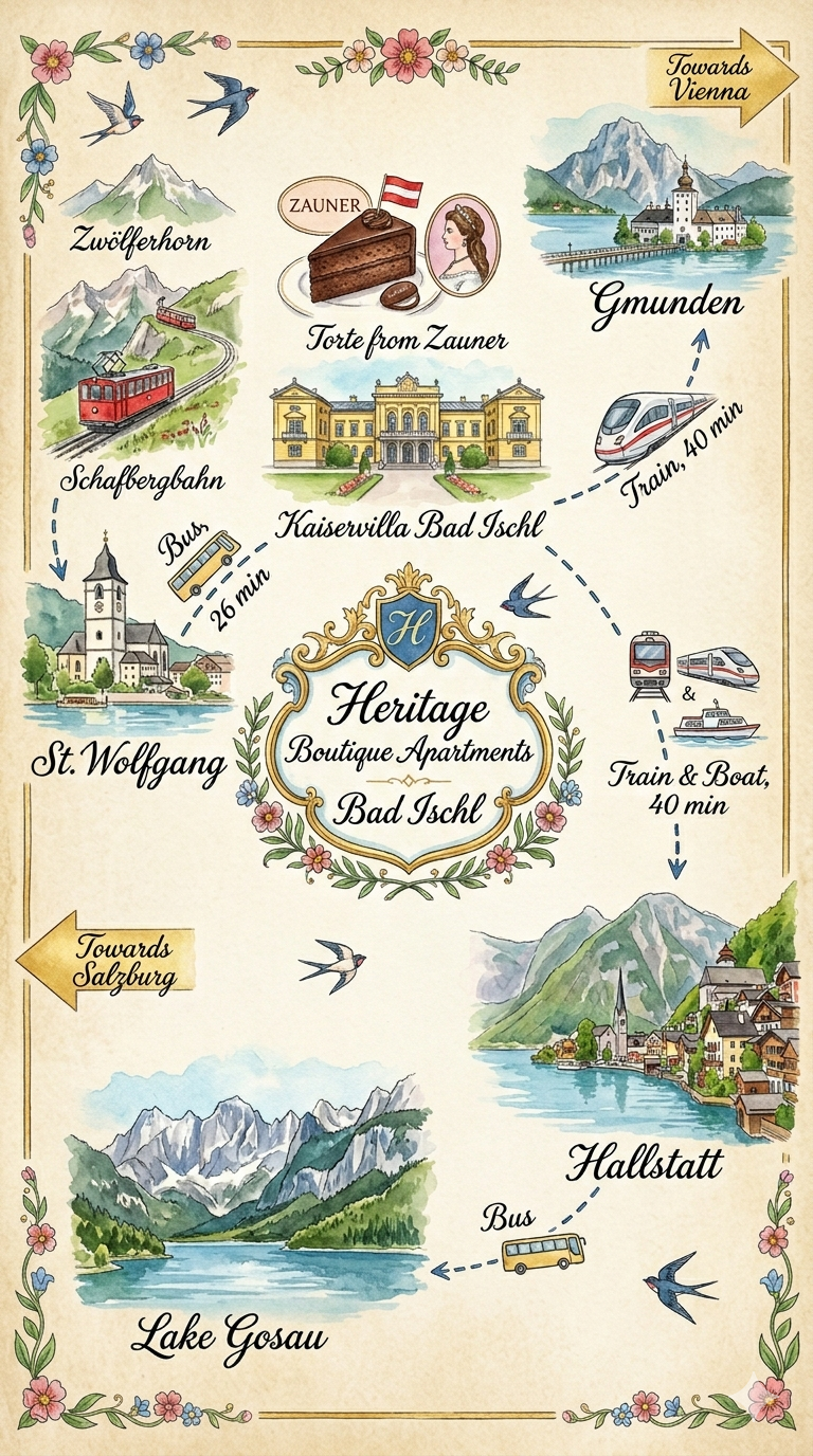 Aquarell-Karte Salzkammergut mit Bad Ischl als Zentrum für Tagesausflüge nach Hallstatt und St. Wolfgang