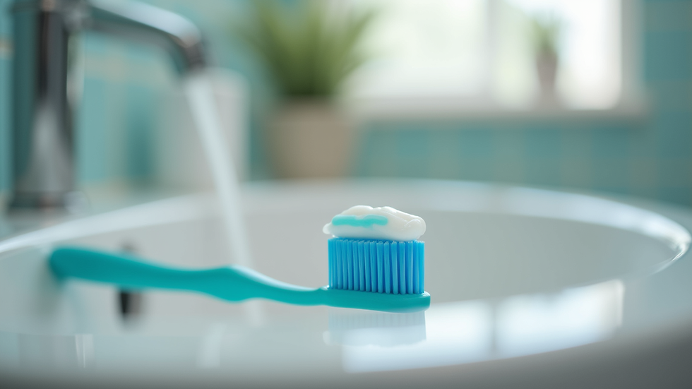 Close-up view of a toothbrush and toothpaste on a bathroom sink