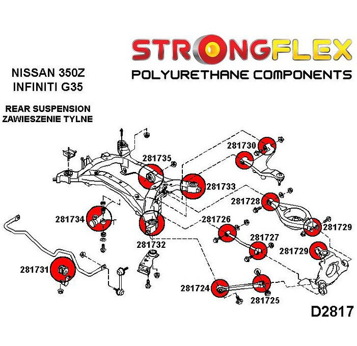 Miniaturbild: Komponentenplan der Hinterachsen-Strongflex-PU-Buchsen des Nissan 350Z.
