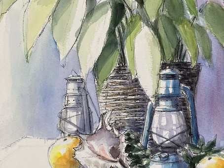 アトリエで静物画