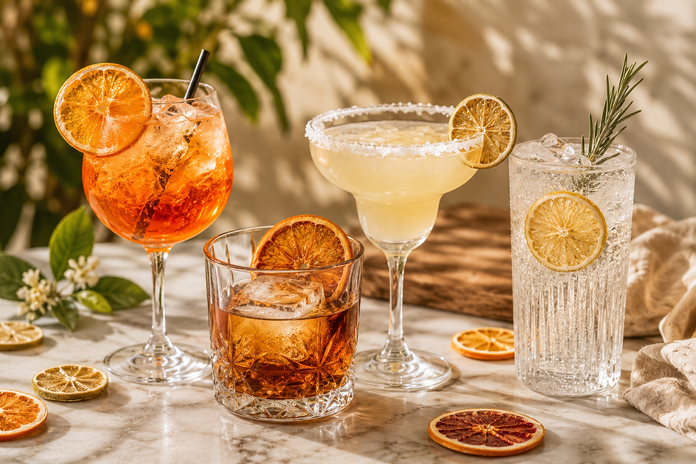 Summer cocktails with dried citrus garnishes including dried orange, lemon, lime and grapefruit slices.