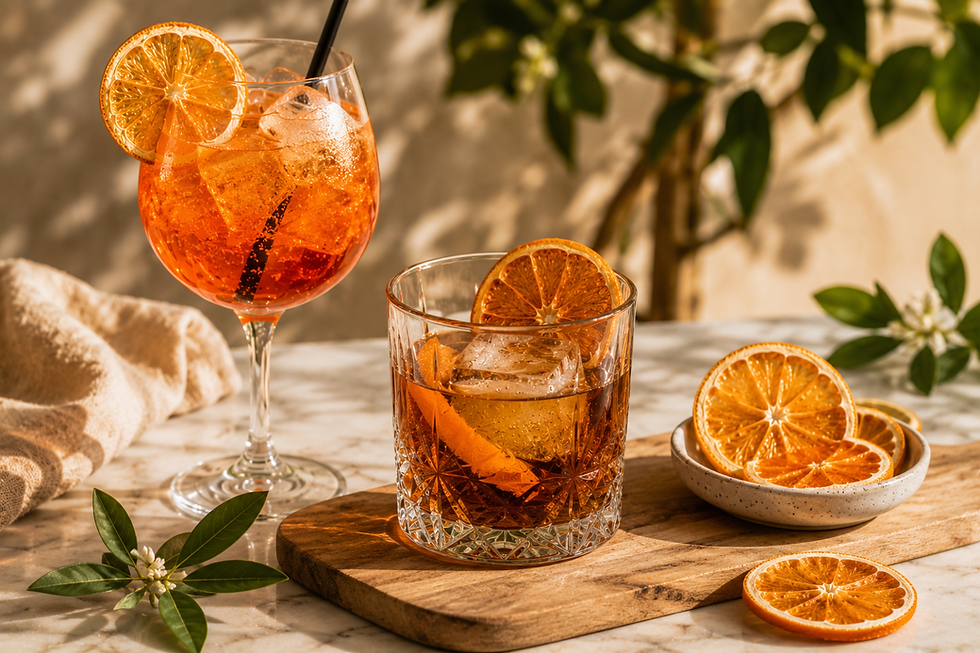 Aperol Spritz and Old Fashioned cocktails garnished with dried orange slices on a marble tabletop.
