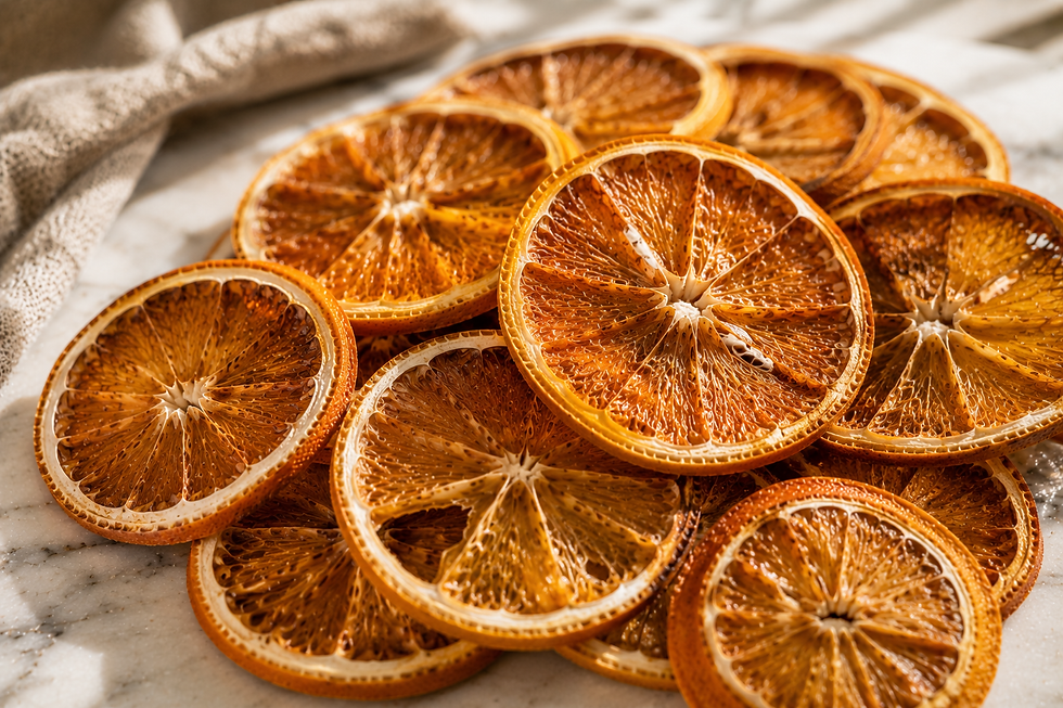Close-up of premium dried orange slices showing colour, texture and consistent drying.