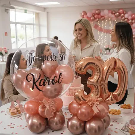 Balões Personalziados para Aniversario de 30 anos nas cores rose gold e ouro rosé.