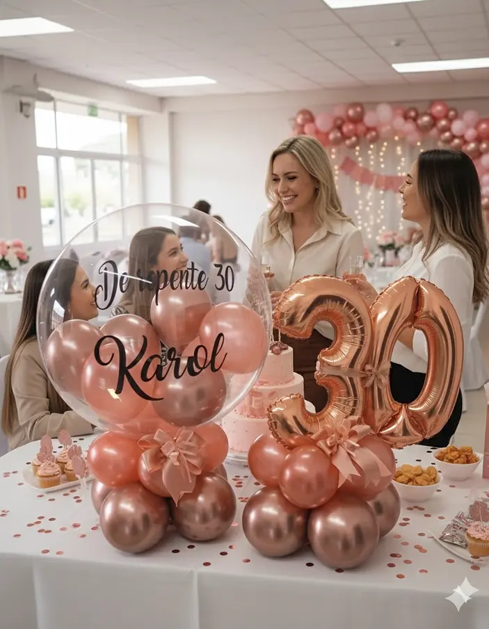 Mulheres sorrindo em festa de 30 anos, com balões rosa e cobre, bolo e mesa decorada; balão diz De pente 30 Karol - Produto Balão Personalizado de Mesa