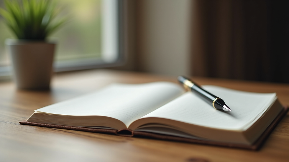 Close-up view of a journal and pen on a wooden table