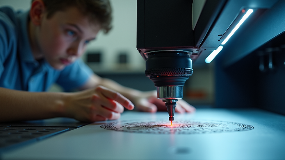 Close-up view of youth working on laser engraving machine