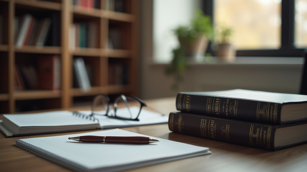 Eye-level view of a law office desk with legal books and a notepad