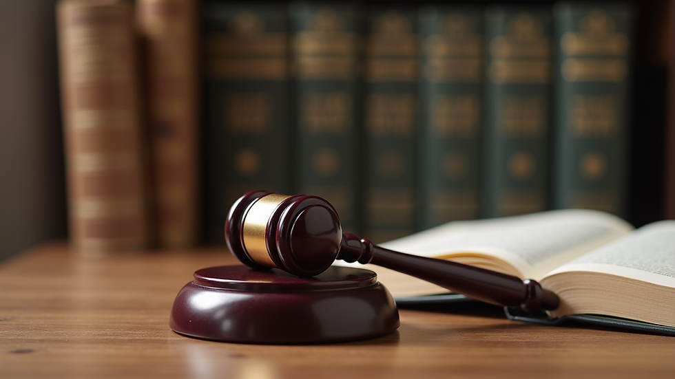 Close-up view of legal books and a gavel on a wooden desk
