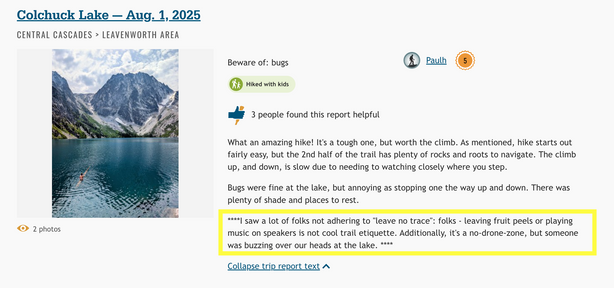 Screenshot of a trail review for Colchuck Lake