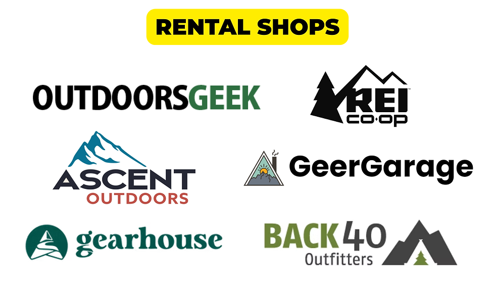 where to rent outdoor gear - a collage showcasing logos of rental stores for camping and hiking gear