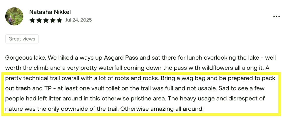 Screenshot of a trail review for Colchuck Lake