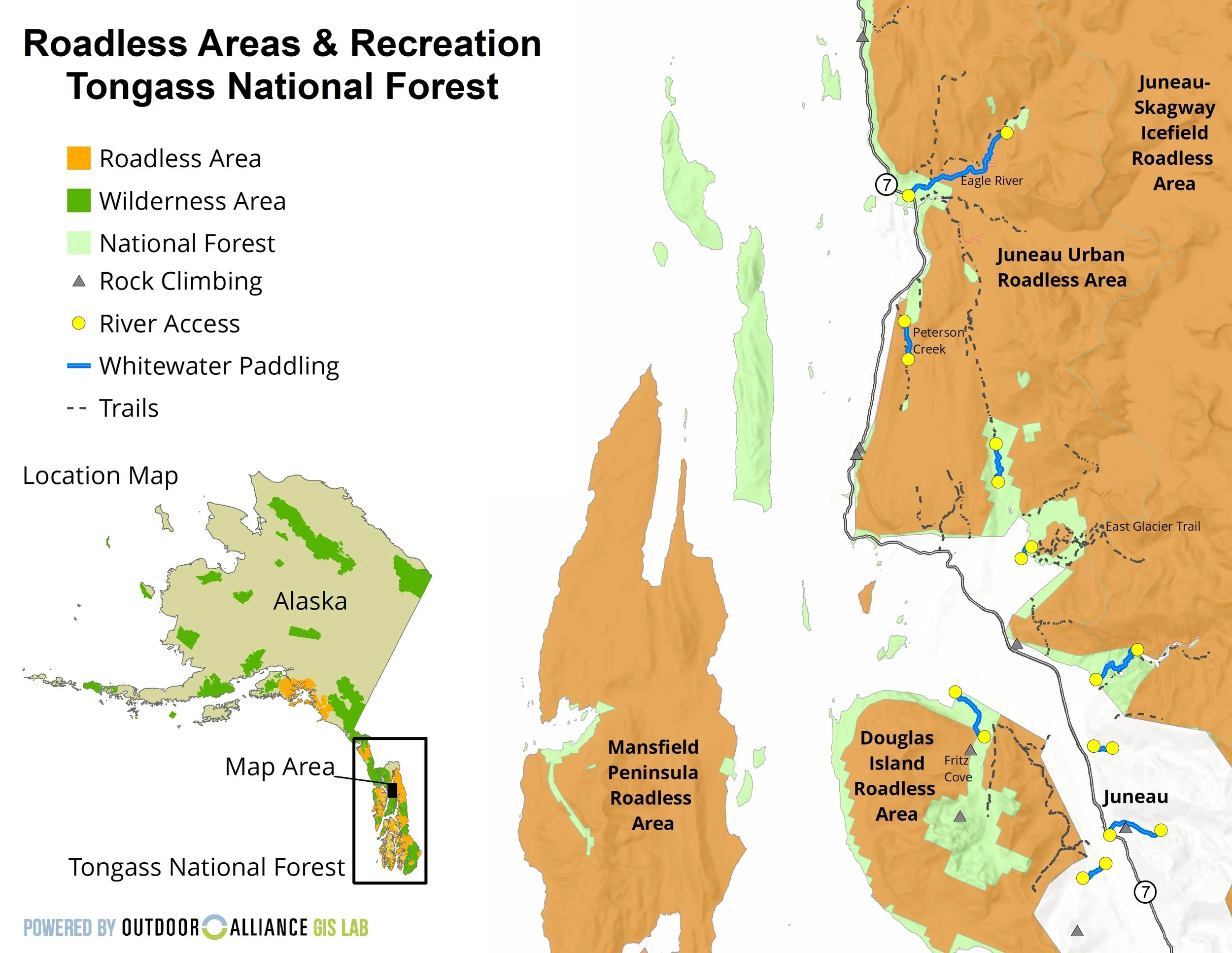 A map view of Roadless areas in Tongass National Forest
