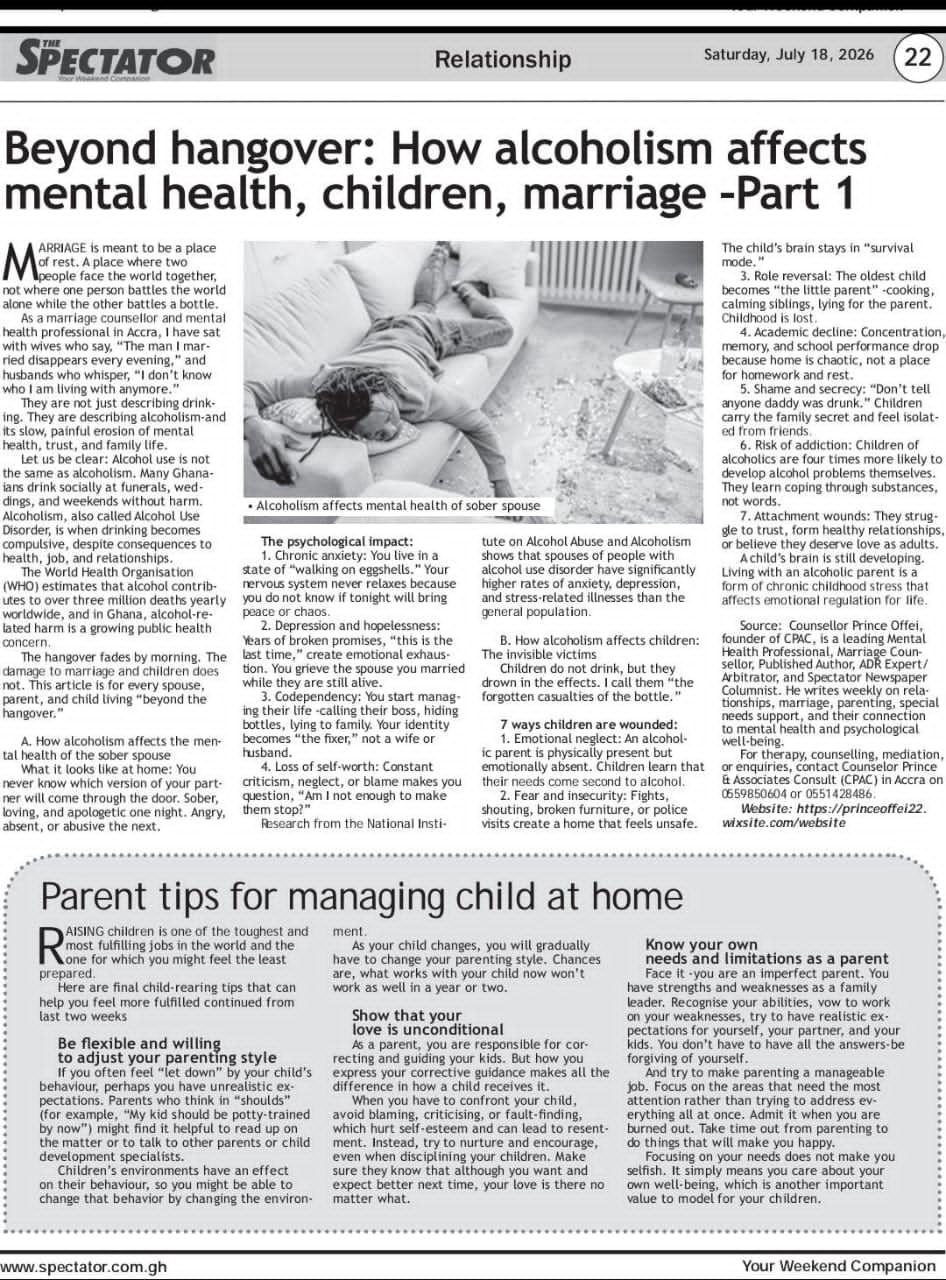 Beyond Hangover: How Alcoholism Affects Mental Health, Children, and Marriage - By Counselor Prince Offei