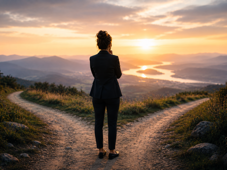 Executive standing at a crossroads overlooking two paths, representing the decision between staying comfortable and pursuing a new career direction.
