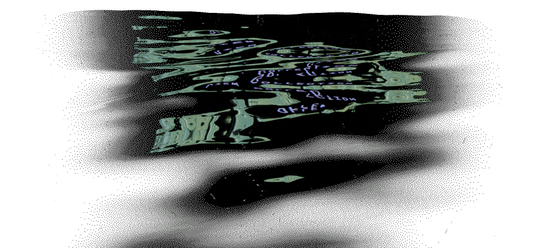 Water waving in black space, reflections of a fractal button with a monospaced font that says "view collection" and stars are calmly twinkling.