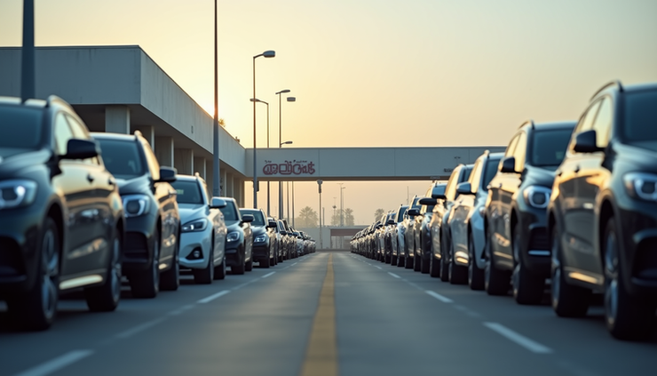 Eye-level view of a Dubai car export dealership lot filled with various cars ready for shipment