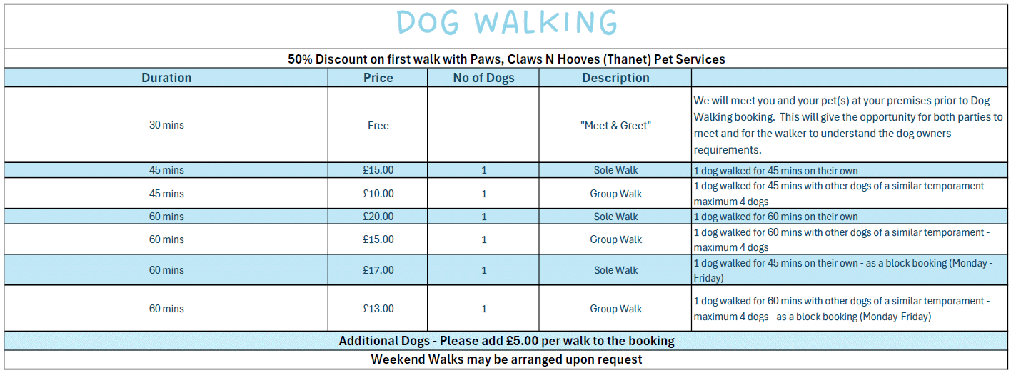 Dog Walking Pricing Page