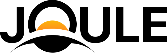 The Joule Renewables logo features a stylized sunset with a yellow and orange semi-circle representing the sun, set on a subtle depiction of the Earth’s surface visible at the bottom, blending into the design.