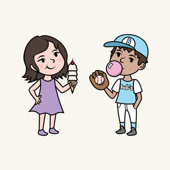 Bub's Sweets and Treats Custom Characters Girl in Dress Holding Ice Cream Cone and Boy in Baseball Uniform Chewing Bubble Gum