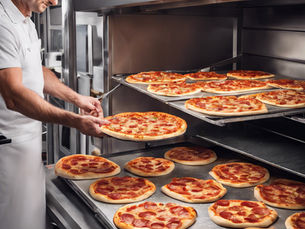 A baker in a white apron removes a pepperoni pizza from a commercial oven filled with pizzas, showcasing a busy kitchen setting.