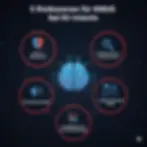 Grafik mit fünf Risikozonen für KMUs im Umgang mit Künstlicher Intelligenz: 1. Daten- & Urheberrecht, 2. Faktische Fehler & Halluzinationen, 3. Reputationsschäden, 4. Ethische Bedenken & Bias, 5. Qualitätsverlust & Over-Automatisierung. Im Zentrum ist ein stilisiertes KI-Hirn dargestellt, das mit den Zonen verbunden ist.