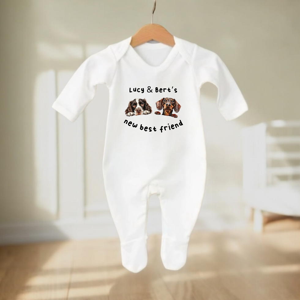 new best friends dog baby grow, customisable baby grow with dog name, image of breed and wording new best friend